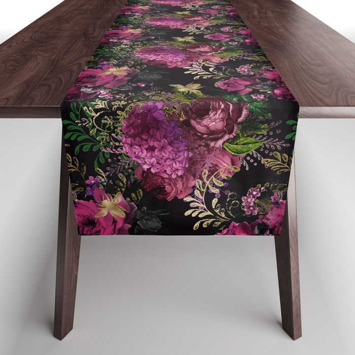 Burgundy Black Moody Floral Pattern Table Runner