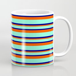 [ Thumbnail: Aquamarine, Blue & Red Colored Striped/Lined Pattern Coffee Mug ]