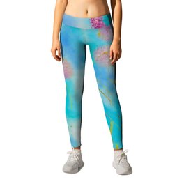 Light blue floral abstraction. Pink dandelions in the sky. Delicate flowers float in the air. Leggings | Softabstractfloral, Pastellandscape, Bluehazeart, Dandelionsinsky, Floralabstraction, Flowerspainting, Pinkflowers, Delicateflowers, Summersday, Dandelionfluff 
