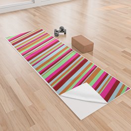 [ Thumbnail: Eye-catching Deep Pink, Light Green, Chocolate, Light Blue & Dark Red Colored Lines/Stripes Pattern Yoga Towel ]