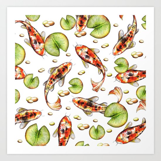 Koi. White pattern Art Print