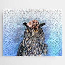 Painting of cute owl with flowers on his head (blue background) - nature Jigsaw Puzzle