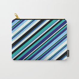 [ Thumbnail: Colorful Light Sea Green, Midnight Blue, Light Sky Blue, Mint Cream & Black Colored Stripes Pattern Carry-All Pouch ]