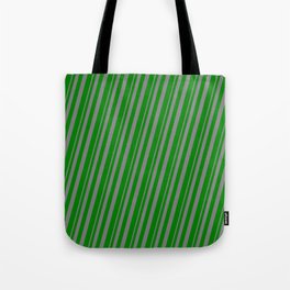 [ Thumbnail: Grey & Green Colored Stripes/Lines Pattern Tote Bag ]