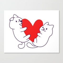 Cat and dog hugging heart Canvas Print
