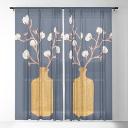 Still life - Cotton branches in a ochre vase Sheer Curtain