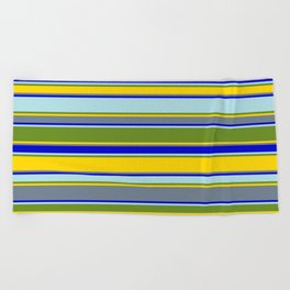 [ Thumbnail: Colorful Powder Blue, Green, Yellow, Slate Gray & Blue Colored Striped Pattern Beach Towel ]