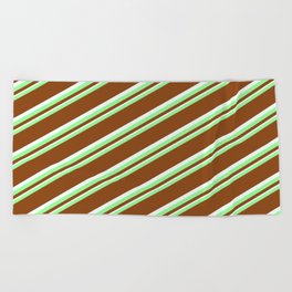 [ Thumbnail: Green, Brown & Mint Cream Colored Lines Pattern Beach Towel ]