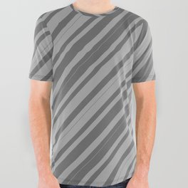 [ Thumbnail: Dark Grey and Dim Grey Colored Lined/Striped Pattern All Over Graphic Tee ]