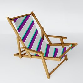 [ Thumbnail: Vibrant Light Gray, Green, Midnight Blue, Purple & Light Cyan Colored Striped/Lined Pattern Sling Chair ]
