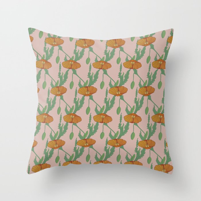 Orange Poppy with Greenery // small scale //Salmon Pink Background  Throw Pillow