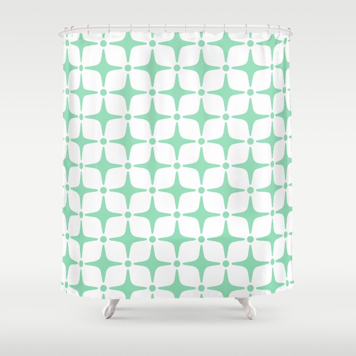 Mid Century Modern Star Pattern Mint Green Shower Curtain by Tony