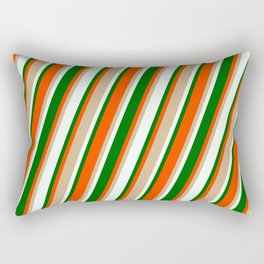 [ Thumbnail: Tan, Mint Cream, Dark Green & Red Colored Stripes Pattern Rectangular Pillow ]