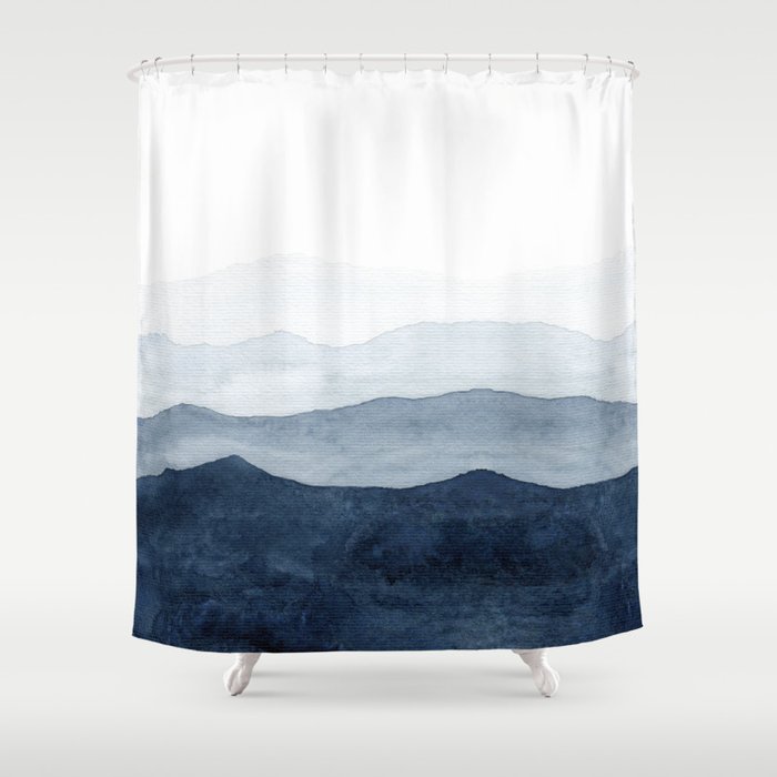 Indigo Abstract Watercolor Mountains Shower Curtain By