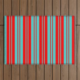 [ Thumbnail: Turquoise & Red Colored Lines Pattern Outdoor Rug ]