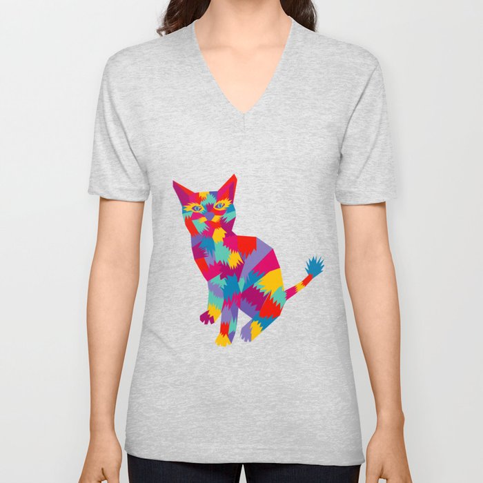Colorful Cat Art V Neck T Shirt