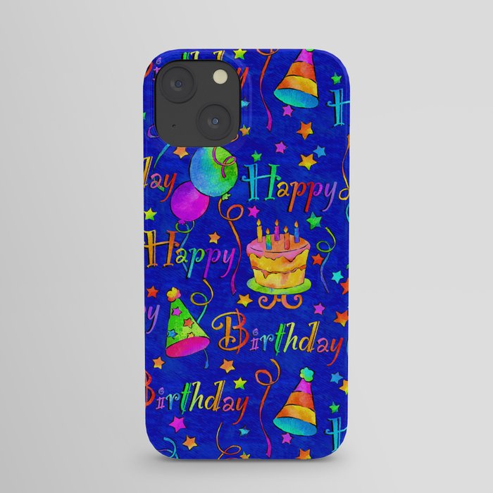 Happy Birthday Celebration with Balloons, Streamers, Cakes in Bright Colors on Blue iPhone Case