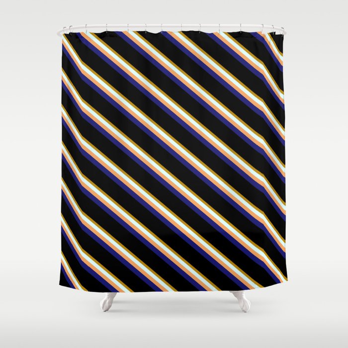 Vibrant Dark Goldenrod, Light Cyan, Brown, Midnight Blue & Black Colored Stripes/Lines Pattern Shower Curtain