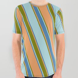 [ Thumbnail: Brown, Green, Powder Blue & Blue Colored Stripes Pattern All Over Graphic Tee ]