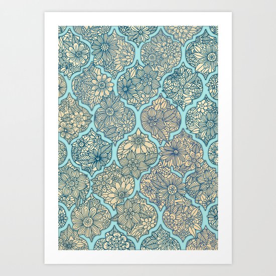 Moroccan Floral Lattice Arrangement - aqua / teal Art Print