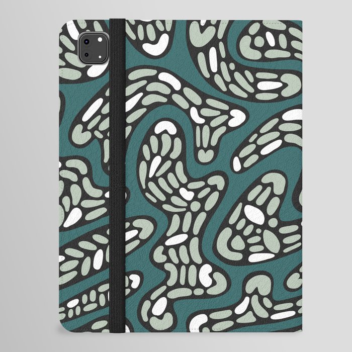 Organic Abstract Pattern in Dark Teal, Pastel Grey Green, Black and White iPad Folio Case