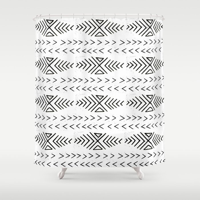 Mudcloth Black And White Linocut Pattern Geometric Minimal Modern Mudcloth Black And White Linocut Pattern Geometric Minimal Modern Trendy Design Shower Curtain