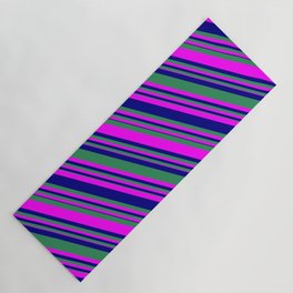 [ Thumbnail: Sea Green, Fuchsia, and Blue Colored Lined/Striped Pattern Yoga Mat ]