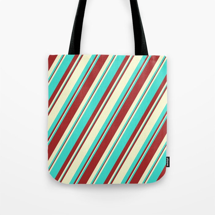 Brown, Light Yellow, and Turquoise Colored Lined Pattern Tote Bag