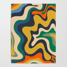 Retro Liquid Swirl Abstract Pattern Mustard Blue Green Beige Orange Poster