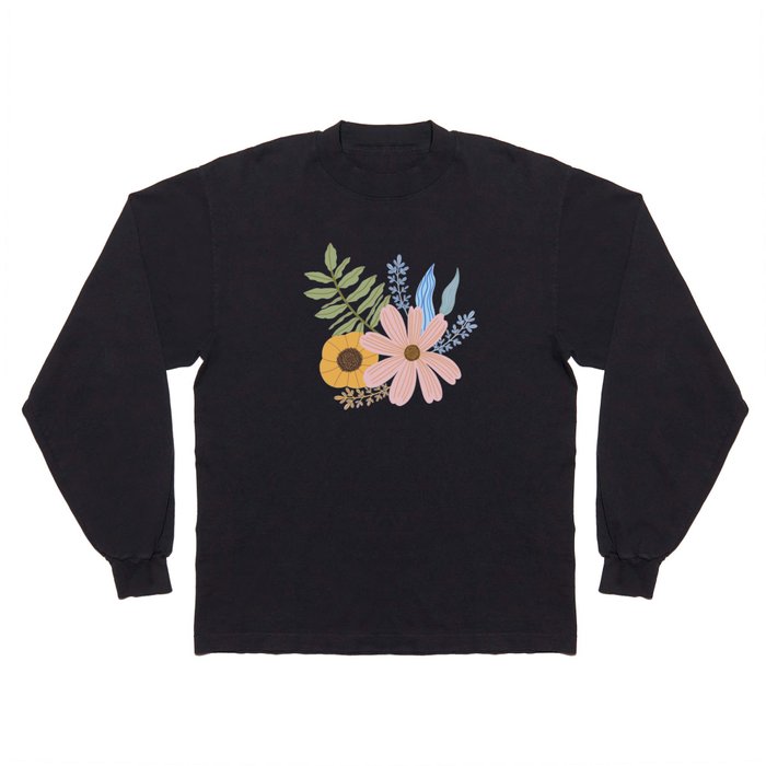 Soft Pink and Buttermilk Yellow Floral Pattern Navy Blue Background Long Sleeve T Shirt