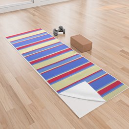 [ Thumbnail: Pale Goldenrod, Cornflower Blue, Royal Blue & Crimson Colored Striped/Lined Pattern Yoga Towel ]