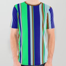 [ Thumbnail: Dark Blue, Green, Brown, and Powder Blue Colored Lines/Stripes Pattern All Over Graphic Tee ]