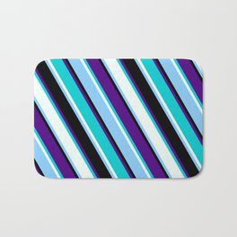 [ Thumbnail: Vibrant Indigo, Dark Turquoise, Mint Cream, Light Sky Blue, and Black Colored Lined/Striped Pattern Bath Mat ]