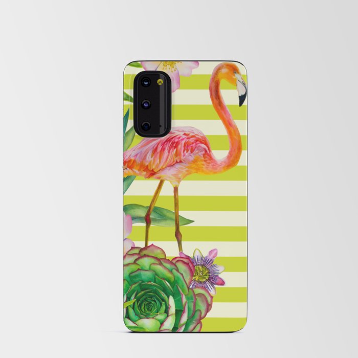 seamless pattern with pink flamingo and exotic tropical plants on a striped background Android Card Case