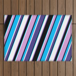 [ Thumbnail: Eye-catching Plum, Dark Slate Blue, Black, Deep Sky Blue & White Colored Lined/Striped Pattern Outdoor Rug ]