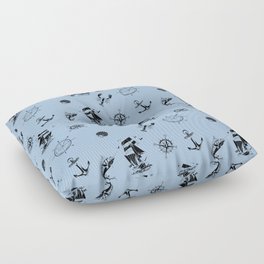 Pale Blue And Black Silhouettes Of Vintage Nautical Pattern Floor Pillow