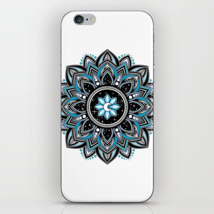 Blue mandala art- moon and flower drawing with stars iPhone Skin