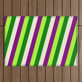 [ Thumbnail: Light Green, Green, Beige, and Purple Colored Striped/Lined Pattern Outdoor Rug ]