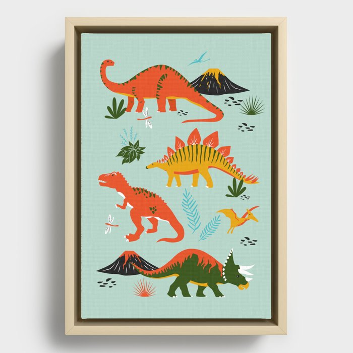 Jurassic Dinosaurs in Blue + Red Framed Canvas