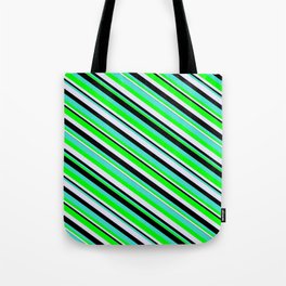 [ Thumbnail: Turquoise, Lime, Lavender, and Black Colored Stripes/Lines Pattern Tote Bag ]