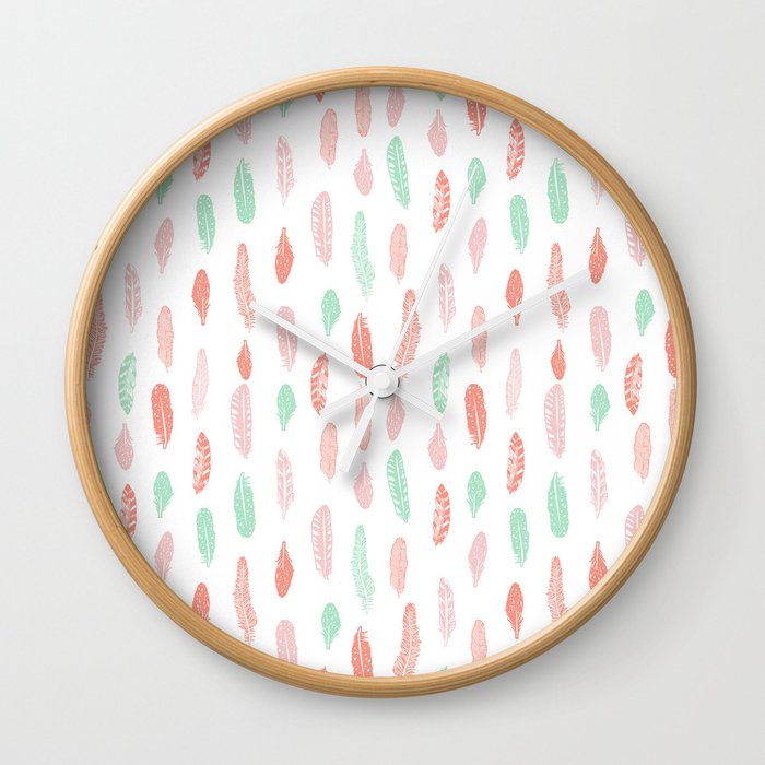Feather mint pink and white minimal feathers pattern nursery gender neutral boho decor Wall Clock