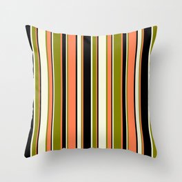 [ Thumbnail: Beige, Green, Coral & Black Colored Stripes Pattern Throw Pillow ]