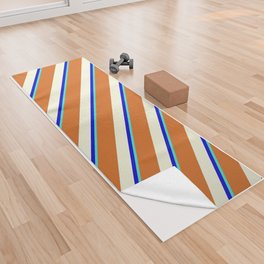 [ Thumbnail: Turquoise, Blue, Beige, and Chocolate Colored Lined/Striped Pattern Yoga Towel ]