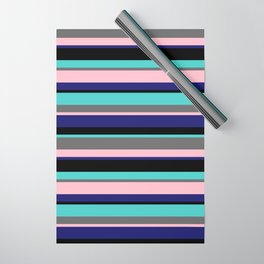 [ Thumbnail: Colorful Black, Turquoise, Dim Grey, Pink & Midnight Blue Colored Lines Pattern Wrapping Paper ]