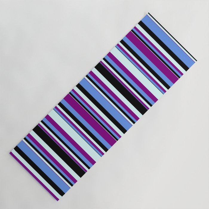 Cornflower Blue, Purple, Light Cyan, and Black Colored Stripes Pattern Yoga Mat