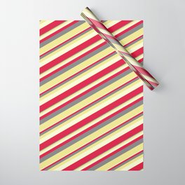 [ Thumbnail: Gray, Tan, Light Yellow & Crimson Colored Lines Pattern Wrapping Paper ]