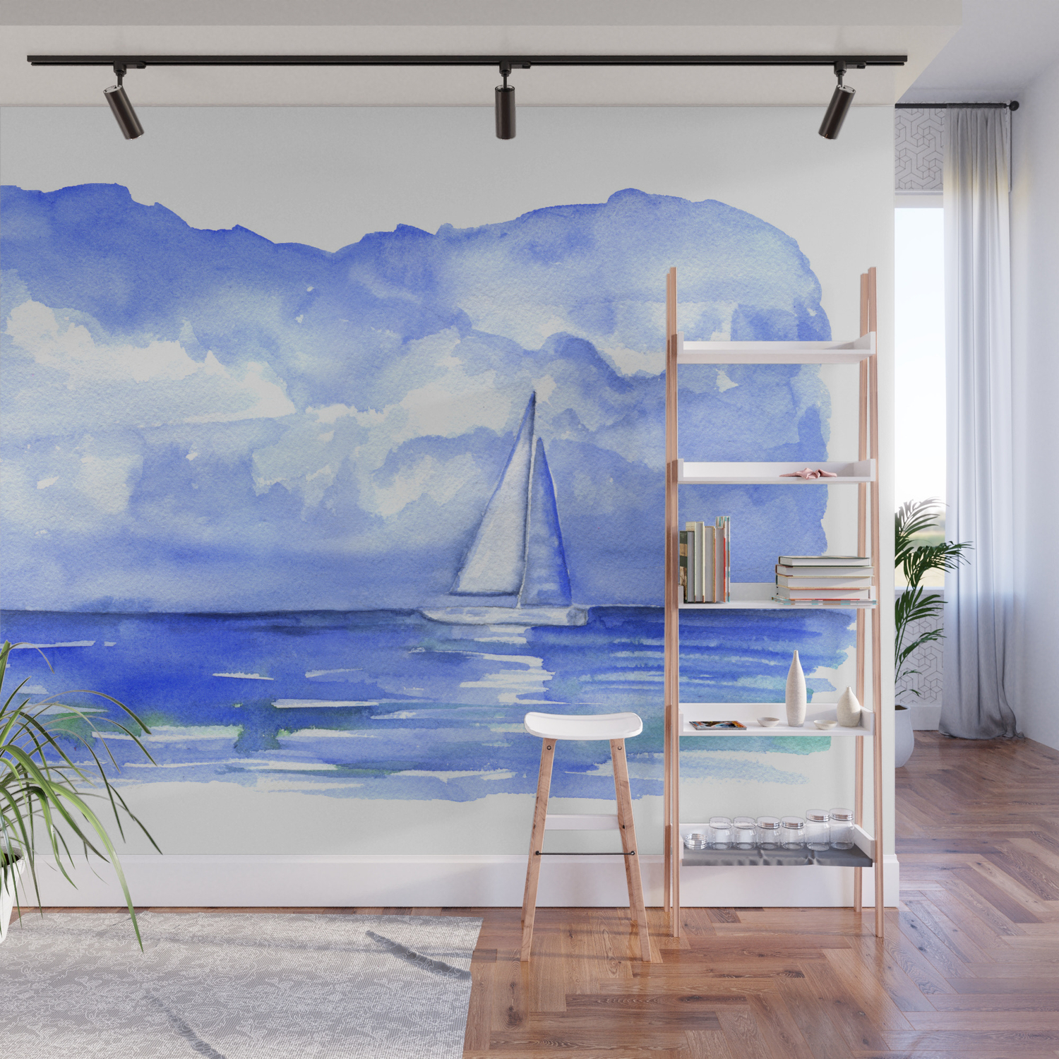 Sailboat on the Ocean Watercolor Wall Mural
