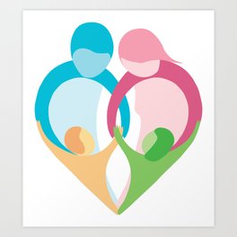 Heart shaped family logo. Mother, father, little boy and little girl Art Print | Silhouette, Logo, Family, Vector, Care, Illustration, Symbol, Father, Happiness, Sign 
