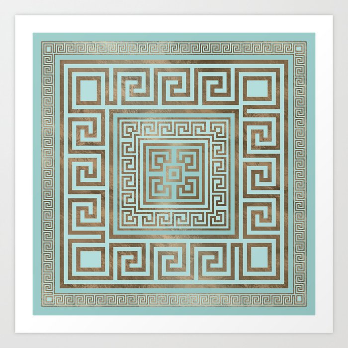 Greek Key Ornament - Greek Meander - Gold and Mint Art Print