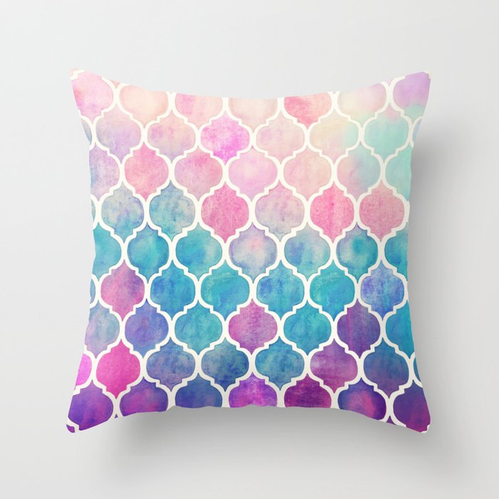 Rainbow Pastel Watercolor Moroccan Pattern Throw Pillow